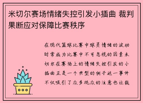 米切尔赛场情绪失控引发小插曲 裁判果断应对保障比赛秩序