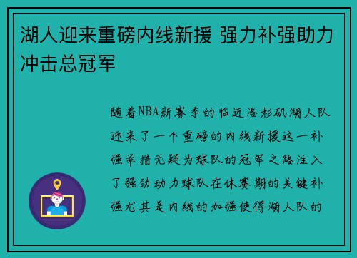 湖人迎来重磅内线新援 强力补强助力冲击总冠军